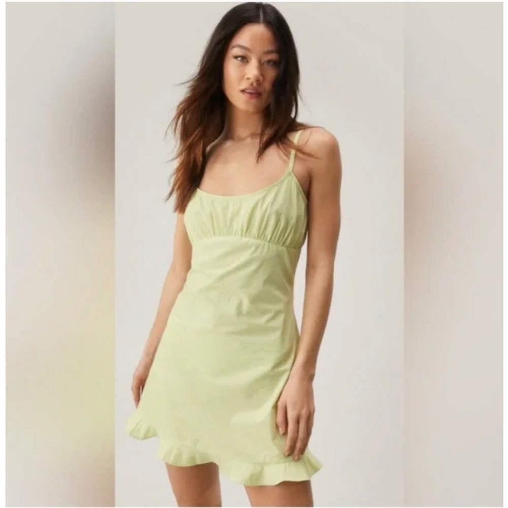 Nasty Gal Cotton Frill Hem A-line Mini Slip Green Open Back Sz 2 Spaghetti Strap